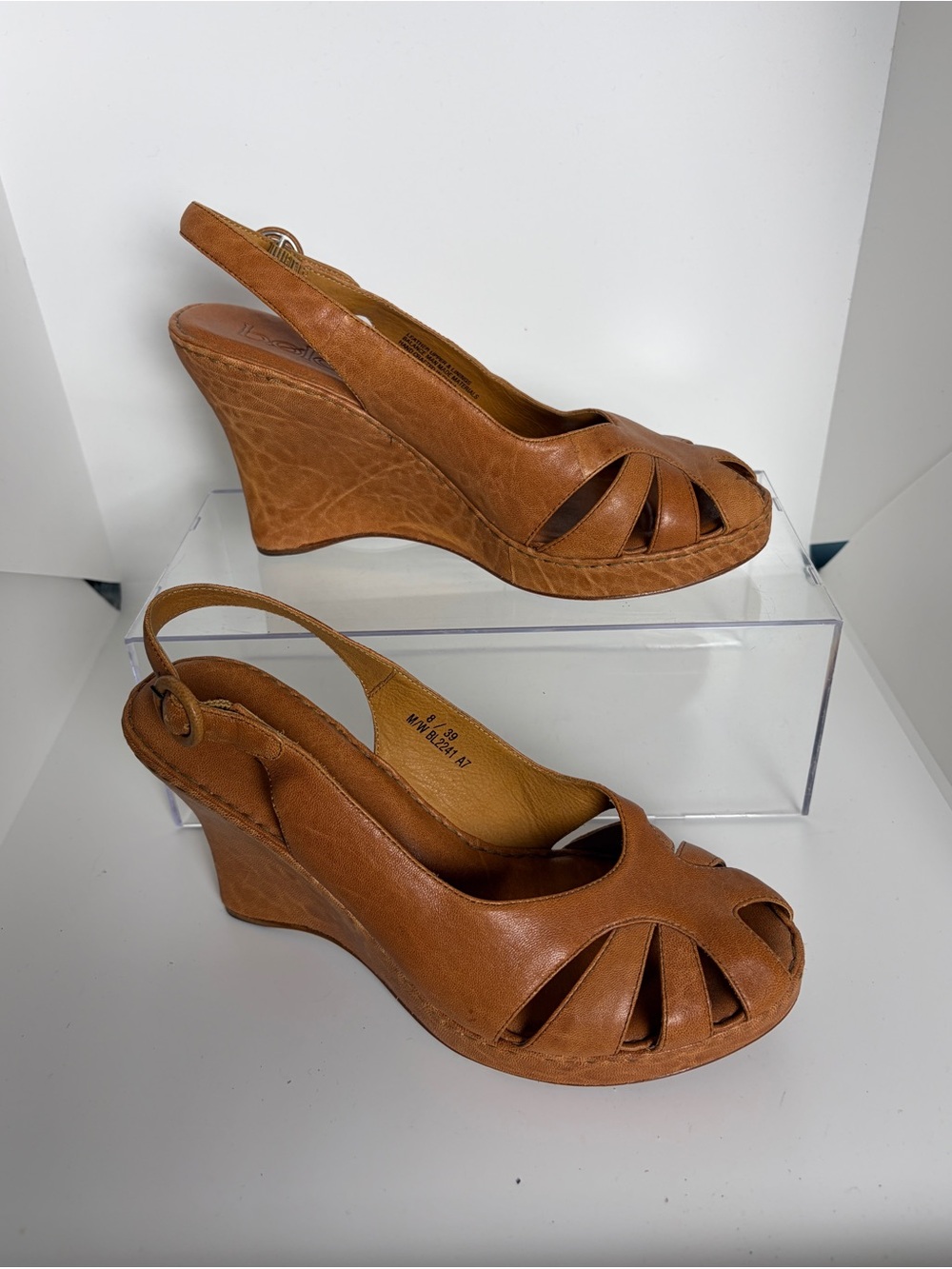 Bolo Leather Peep-Toe Slingback Wedge Sandals in Cognac; Size 8/39; Made by Born